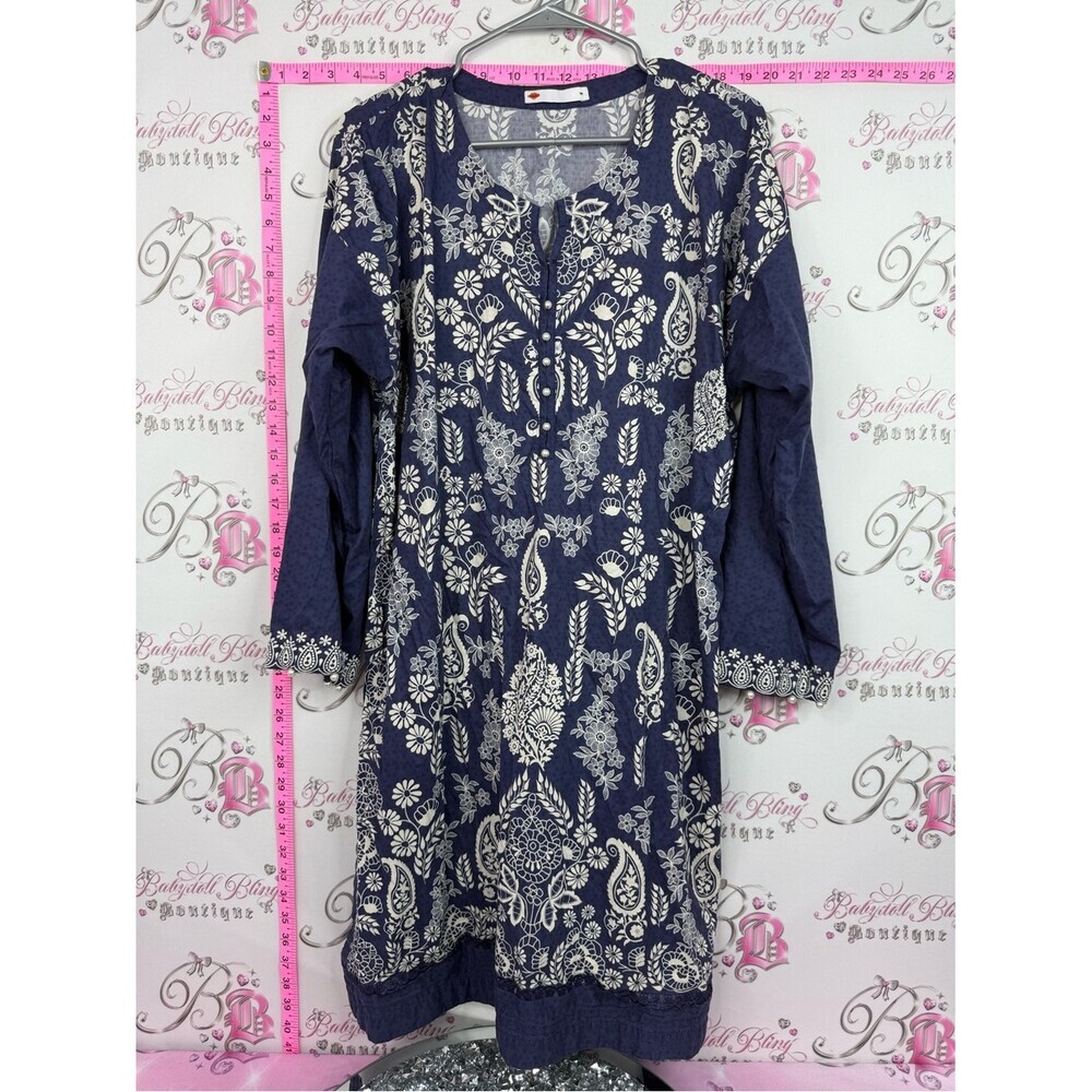 Khaadi dress Navy Blue Floral Tunic Dress with Ivory Print